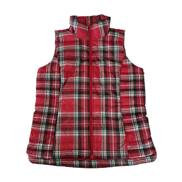 Lands End Puffer Down Vest Womens Size XS Tartan Red 600 Fill Power Full Zip - Picture 1 of 5